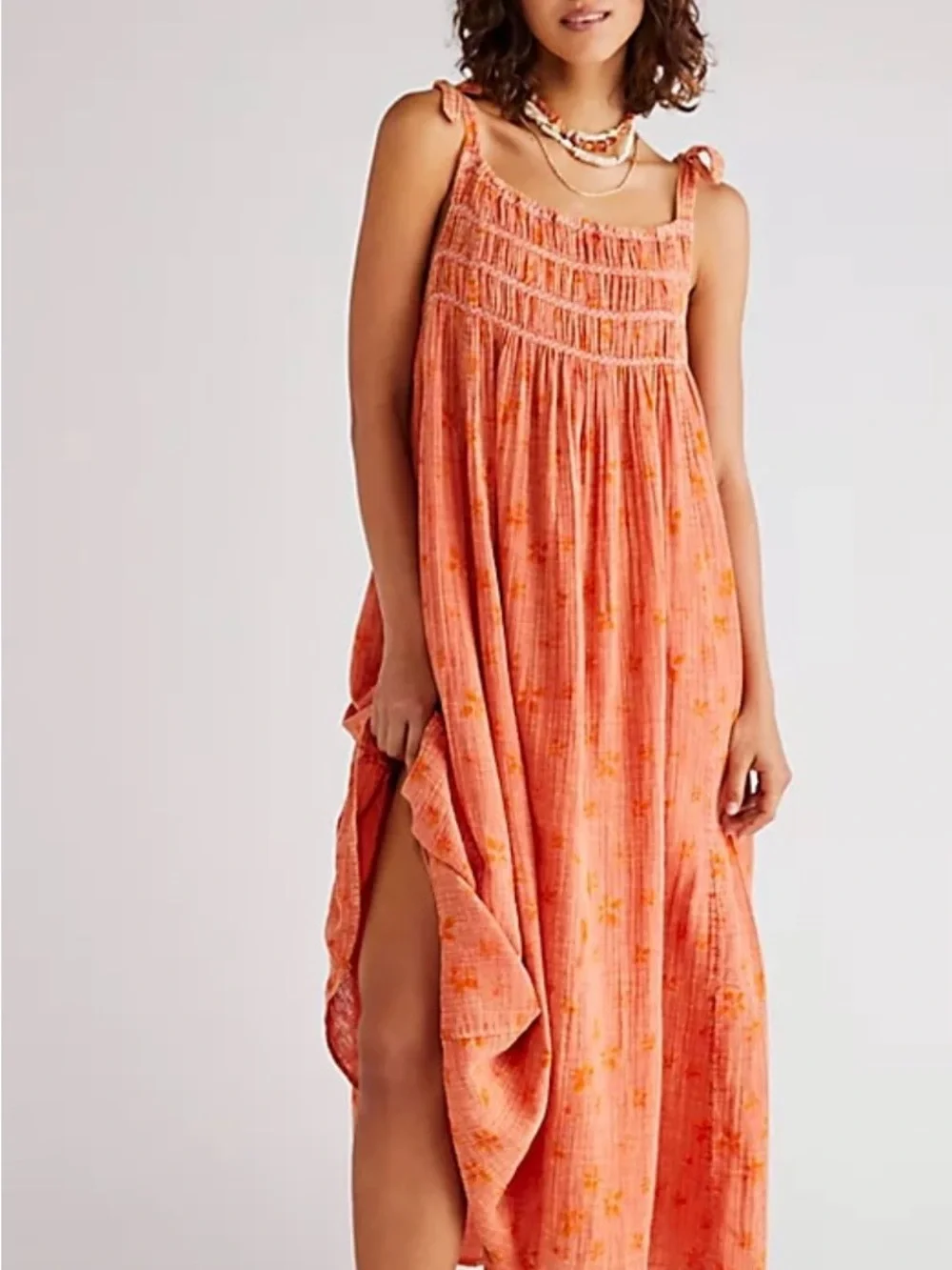 Free People Floral Tie-Shoulder Maxi Dress in Coral Orange